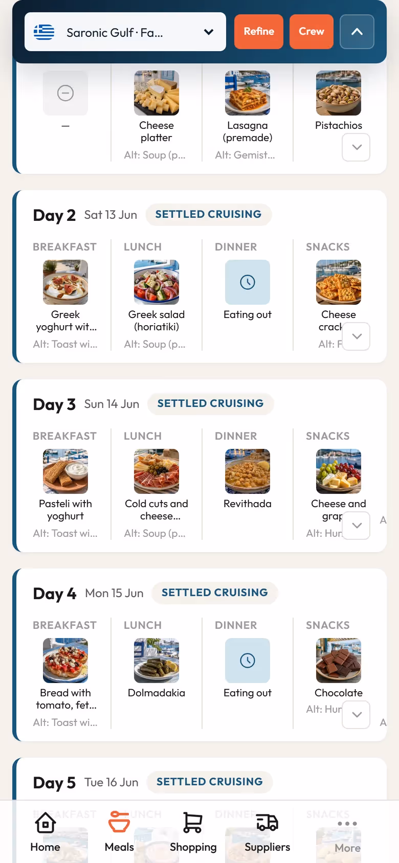 Victuo mobile meal plan with day-by-day meals and alternates