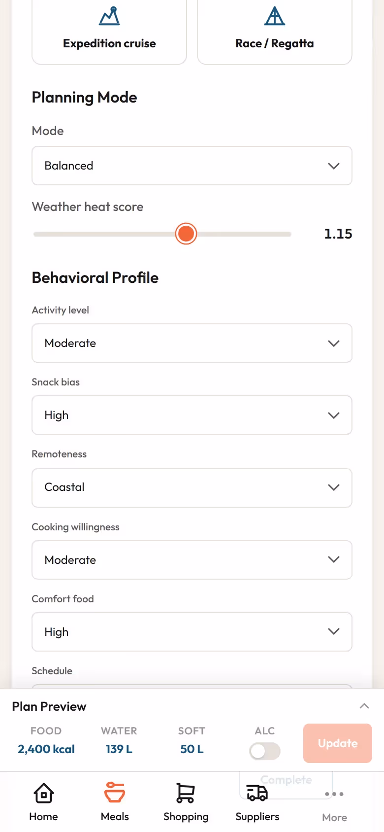 Meals adjust based on weather, activity, and crew energy