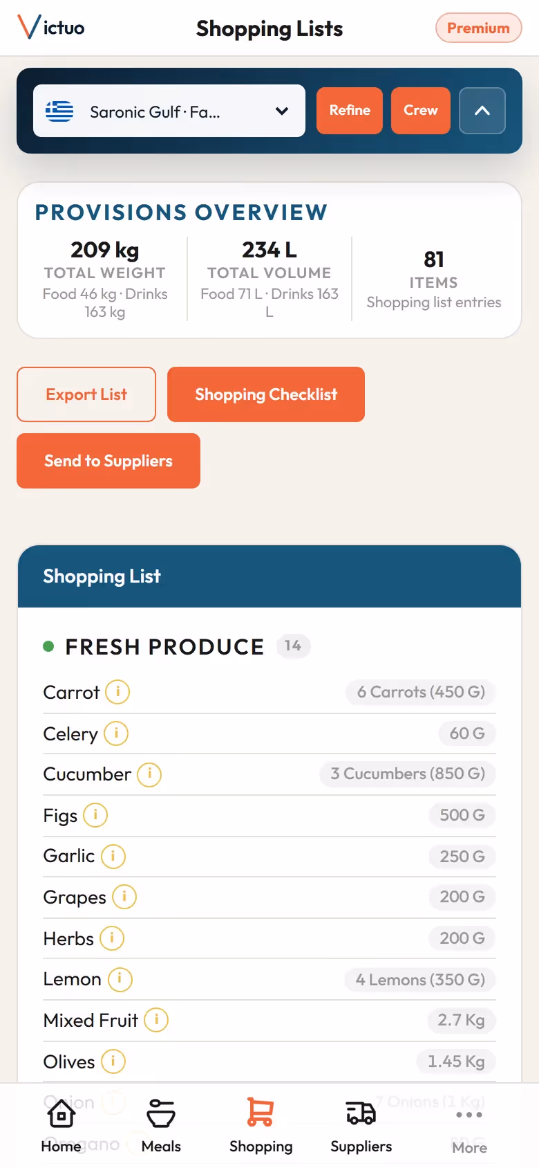 Victuo mobile shopping list grouped by category with exact quantities